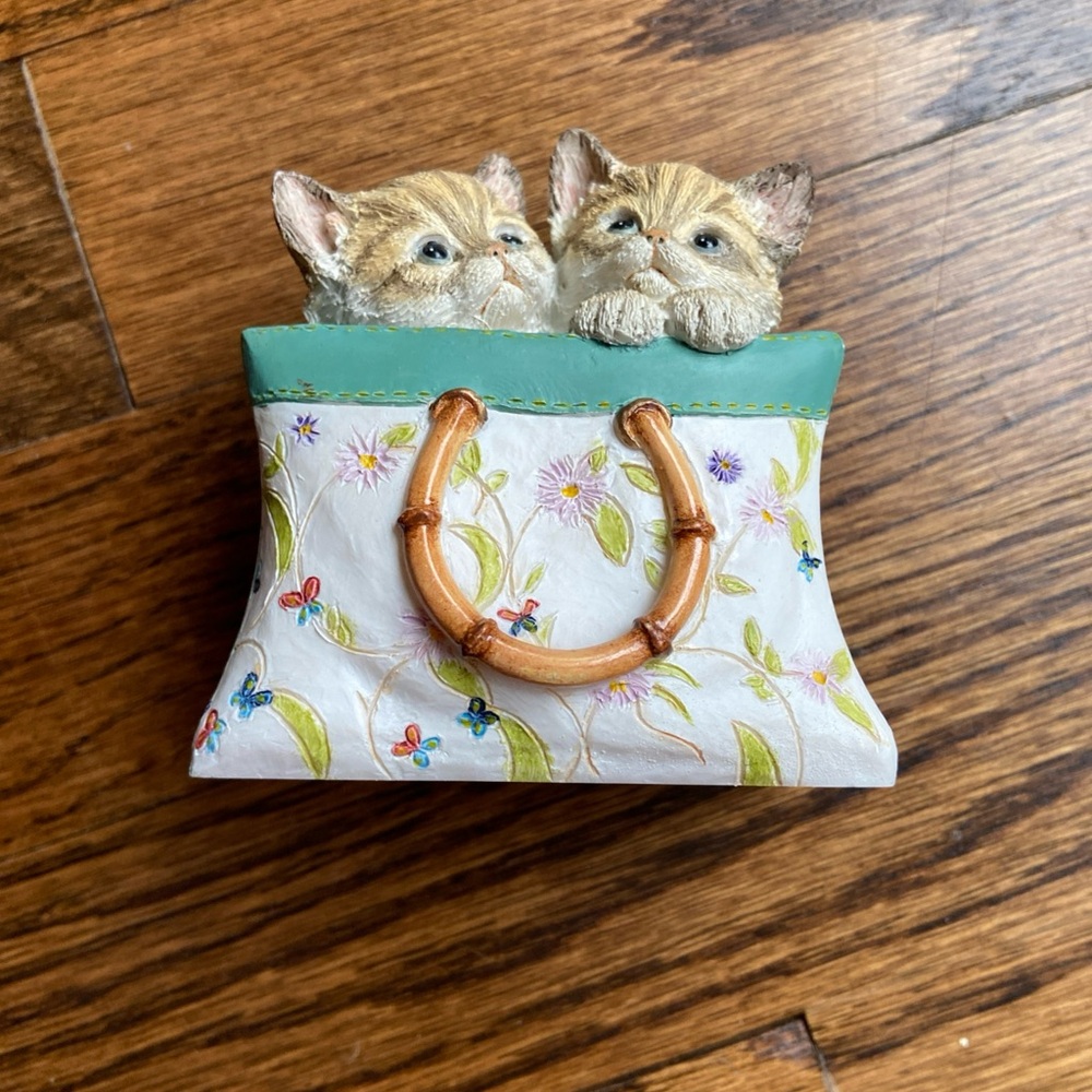 Floral Cat Figurine with Bamboo Handle